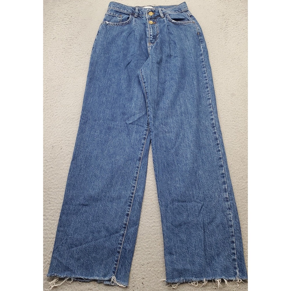 Zara Jeans Womens 4 Blue Denim Medium Wash Frayed Hem Straight Leg 2-Button Fly